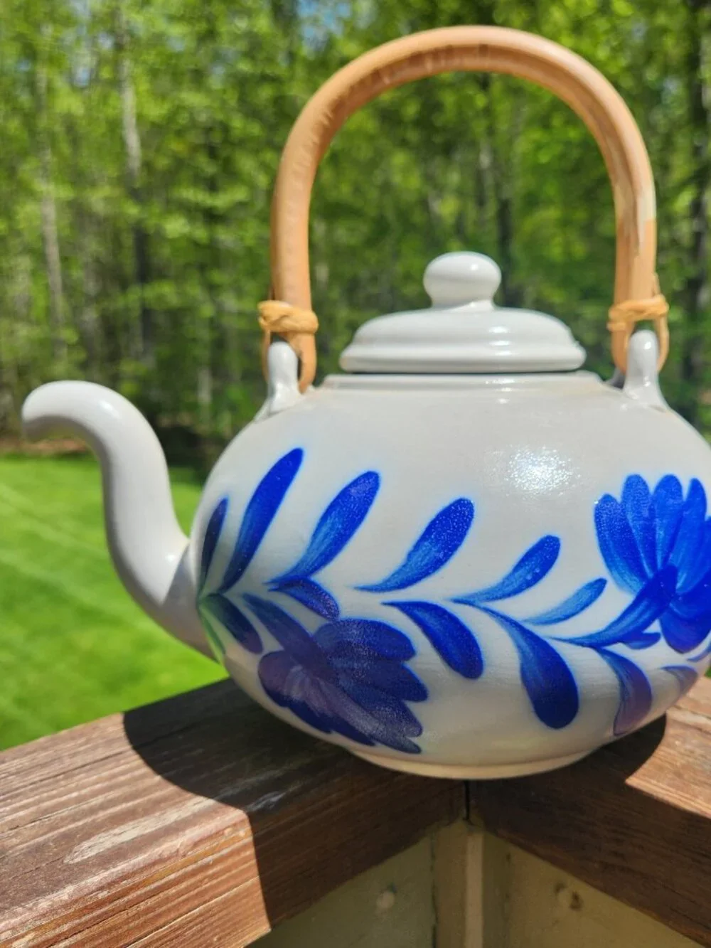 Salmon Falls Stoneware Teapot 1999 Blue Pennsylvania Penn Bamboo Handle Dover NH